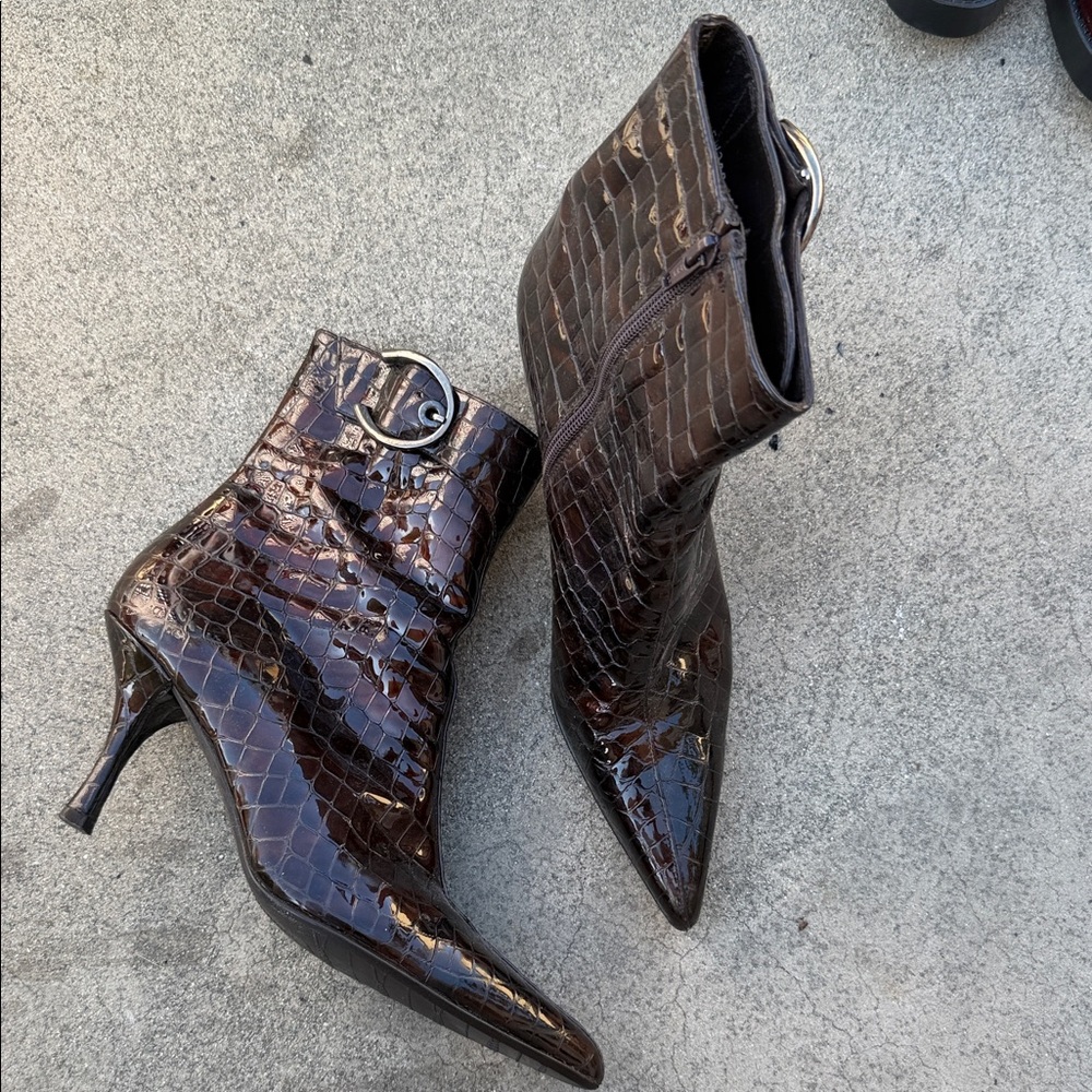 Stuart Weitzman Dark Brown Croc-Embossed Heeled Boots